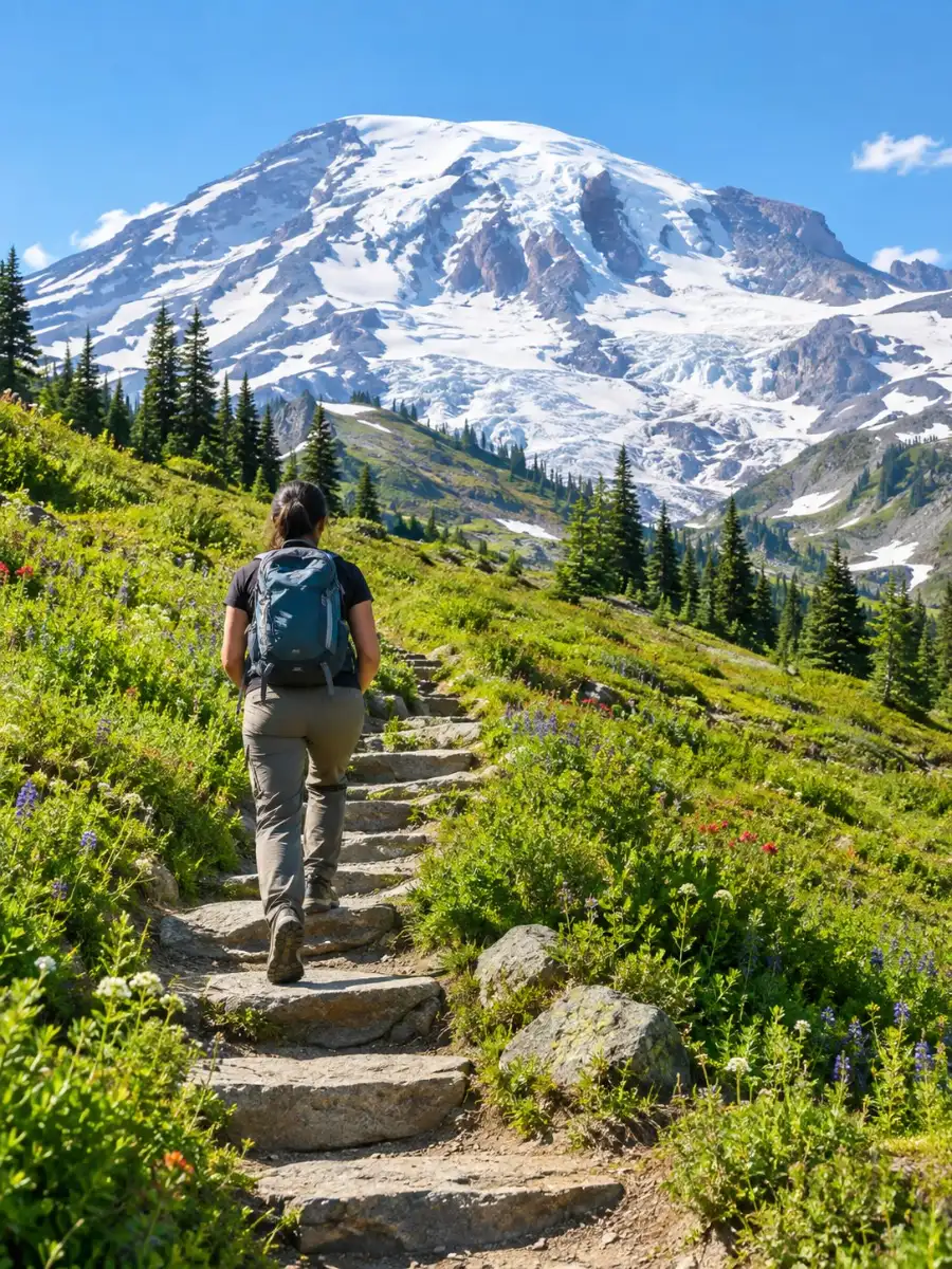 A hiker on a stone-stepped trail climbing through green meadows toward the glaciers of Mount Rainier
