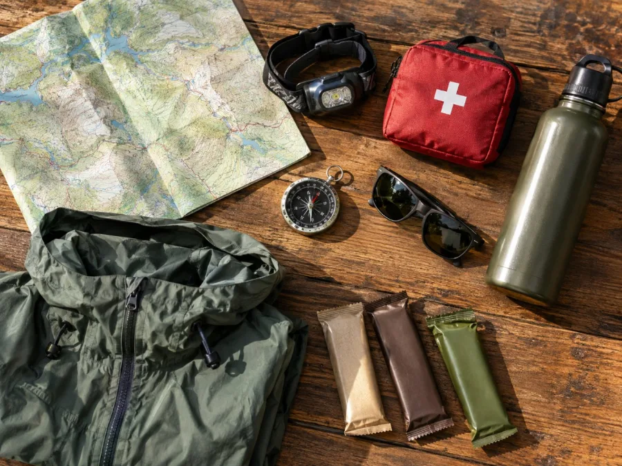 A flat lay of a map, compass, headlamp, first-aid kit, water bottle and rain jacket