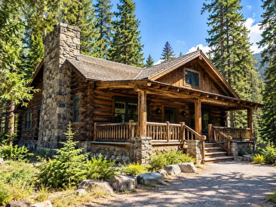 A historic log-and-stone building among tall trees at Longmire