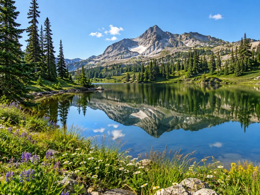 A small alpine lake with wildflowers on the shore and a rocky peak behind
