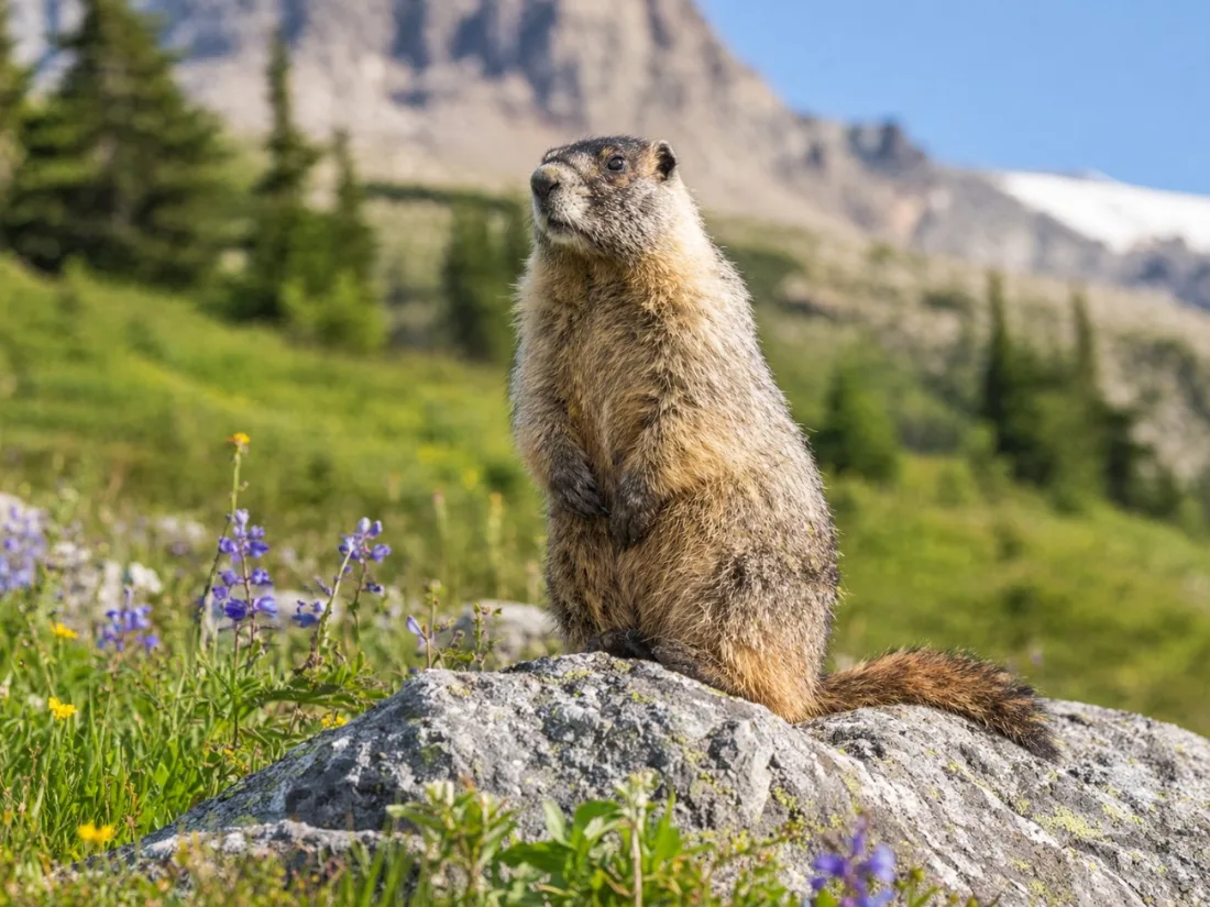 A hoary marmot sitting on a boulder in an alpine meadow