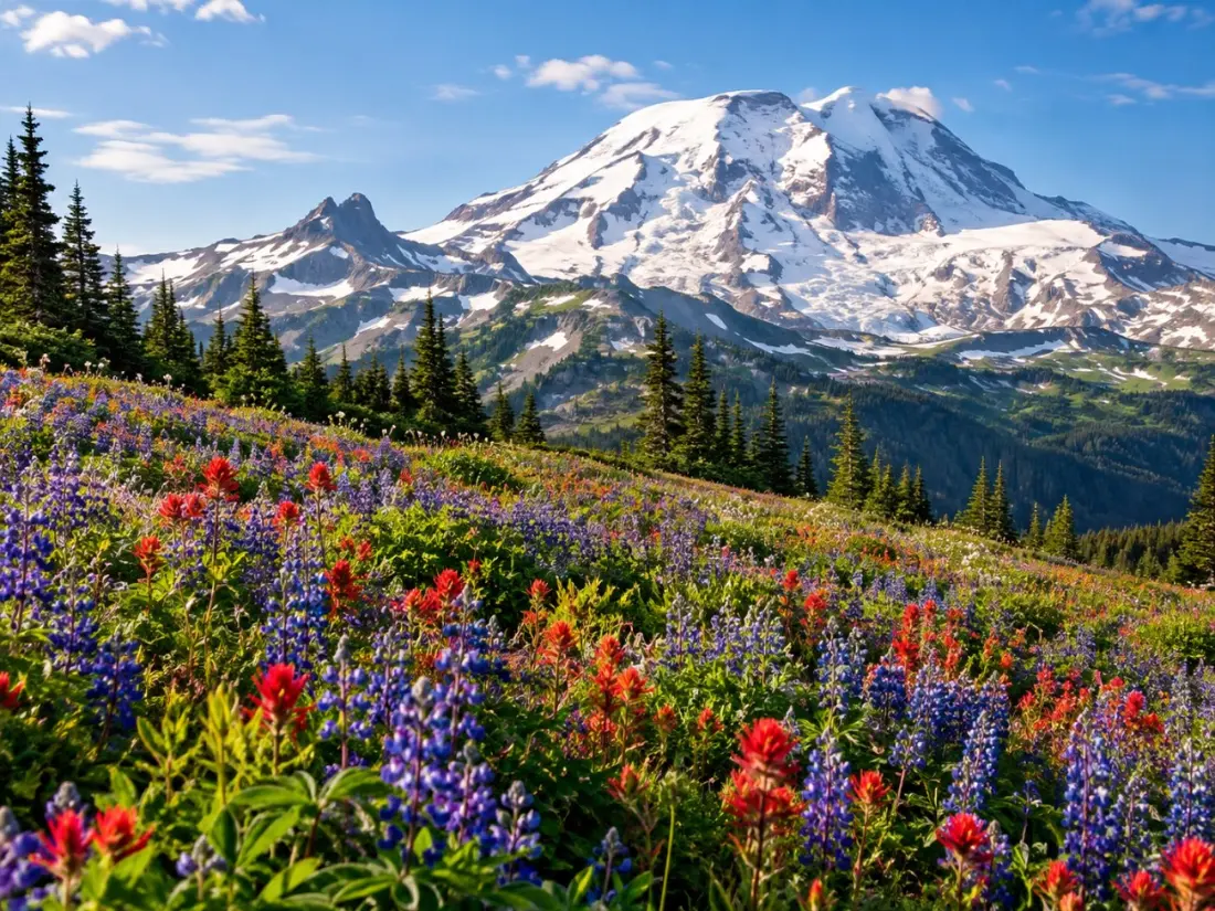 Wildflower meadows of lupine and paintbrush at Paradise with Mount Rainier behind