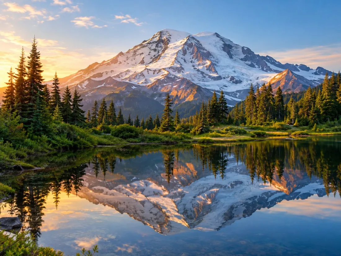 Mount Rainier mirrored in the still water of Reflection Lakes