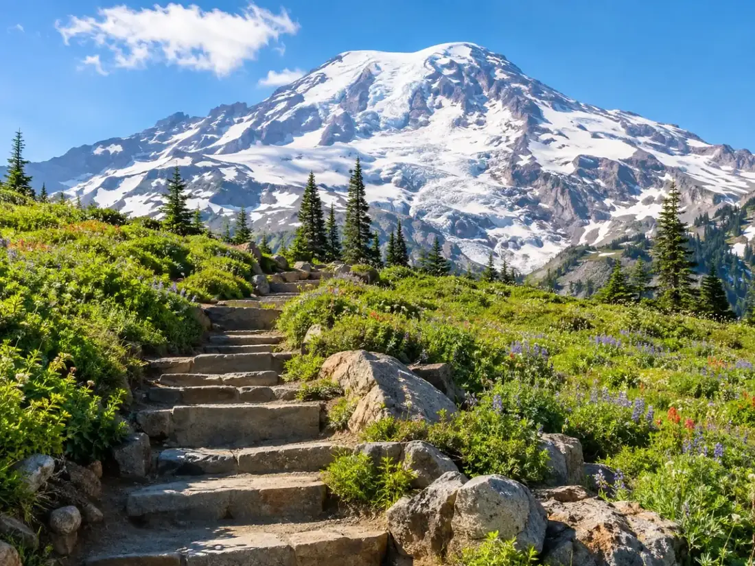 Stone steps on the Skyline Trail leading up through a green meadow toward Mount Rainier