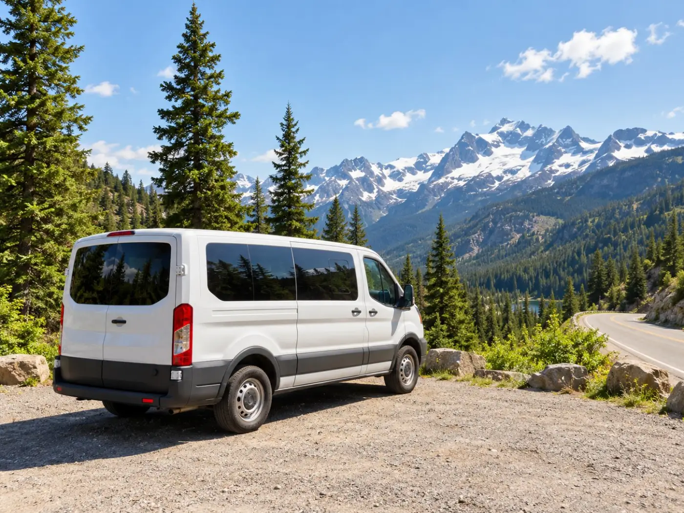 A small tour van parked at a forest pullout below snowy peaks