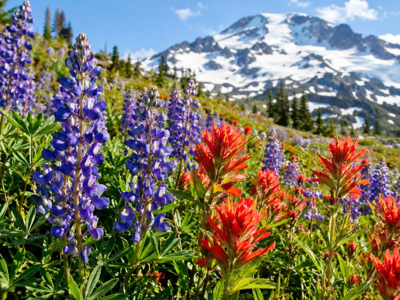 Purple lupine and red paintbrush in a meadow with a snowy mountain slope behind
